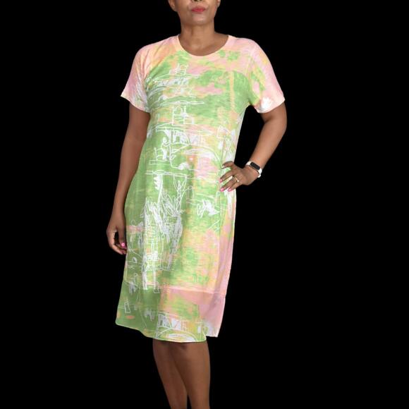 Inoah Dress Green Jersey T Shirt Lagenlook Doodle Print Artsy Pastel Size Small - Picture 8 of 13